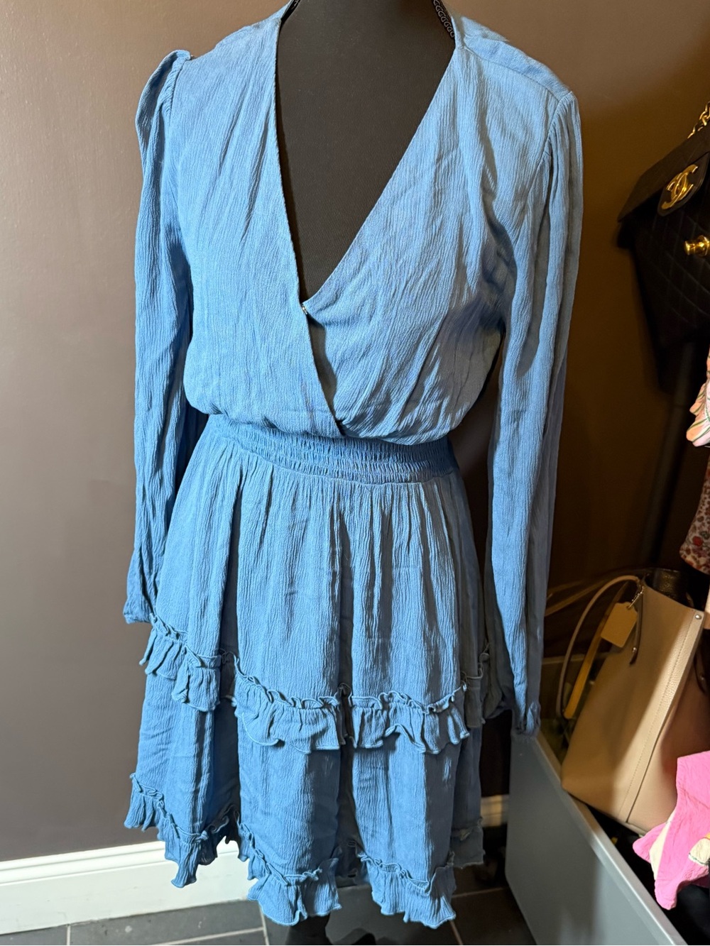 NWT Altar'd State Blue Long-Sleeve Tiered Wrap Mini Dress